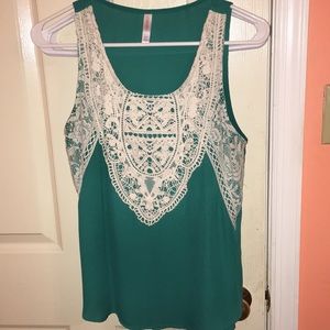 Turquoise tank top with cream lace